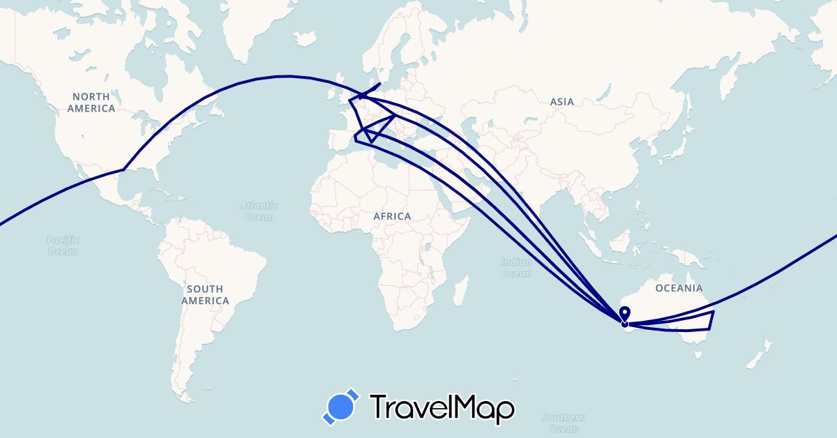 TravelMap itinerary: driving in Australia, Germany, Denmark, Spain, France, United Kingdom, Hungary, Italy, Netherlands, United States (Europe, North America, Oceania)